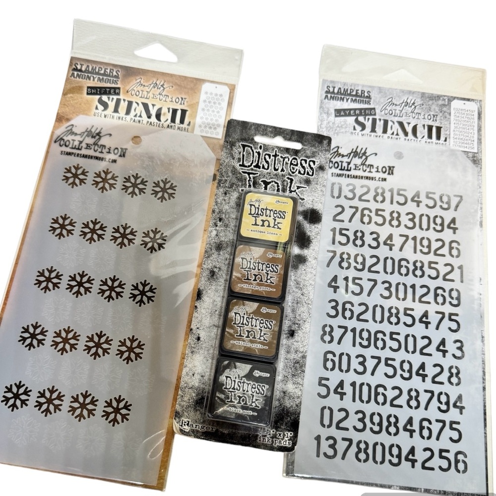 Tim Holtz Stencils Snowflakes Digits Distress Ink#3 6 Pc Lot Linen Photo Soot